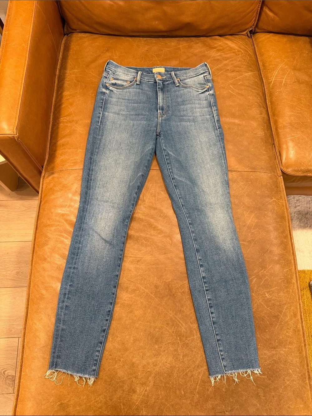 MOTHER The Looker Ankle Fray - Blue Skinny Jeans with Frayed Hem